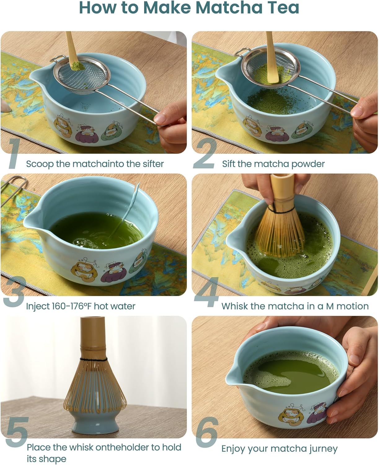 Matcha Whisk Tea Set Kit Japanese Matcha Kit - Matcha Bowl, Matcha Whisk and Holder, Bamboo Scoop, Scoop Rest, Sifter and Tea Towel - for Tea Ceremony Breakfast Lattes - Home Kitchen Christmas(Pink)