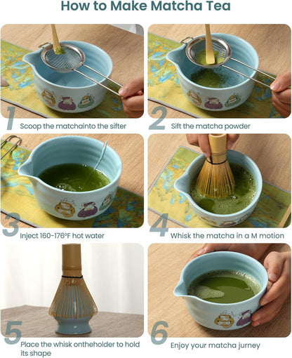 Matcha Whisk Tea Set Kit Japanese Matcha Kit - Matcha Bowl, Matcha Whisk and Holder, Bamboo Scoop, Scoop Rest, Sifter and Tea Towel - for Tea Ceremony Breakfast Lattes - Home Kitchen Christmas(Pink)