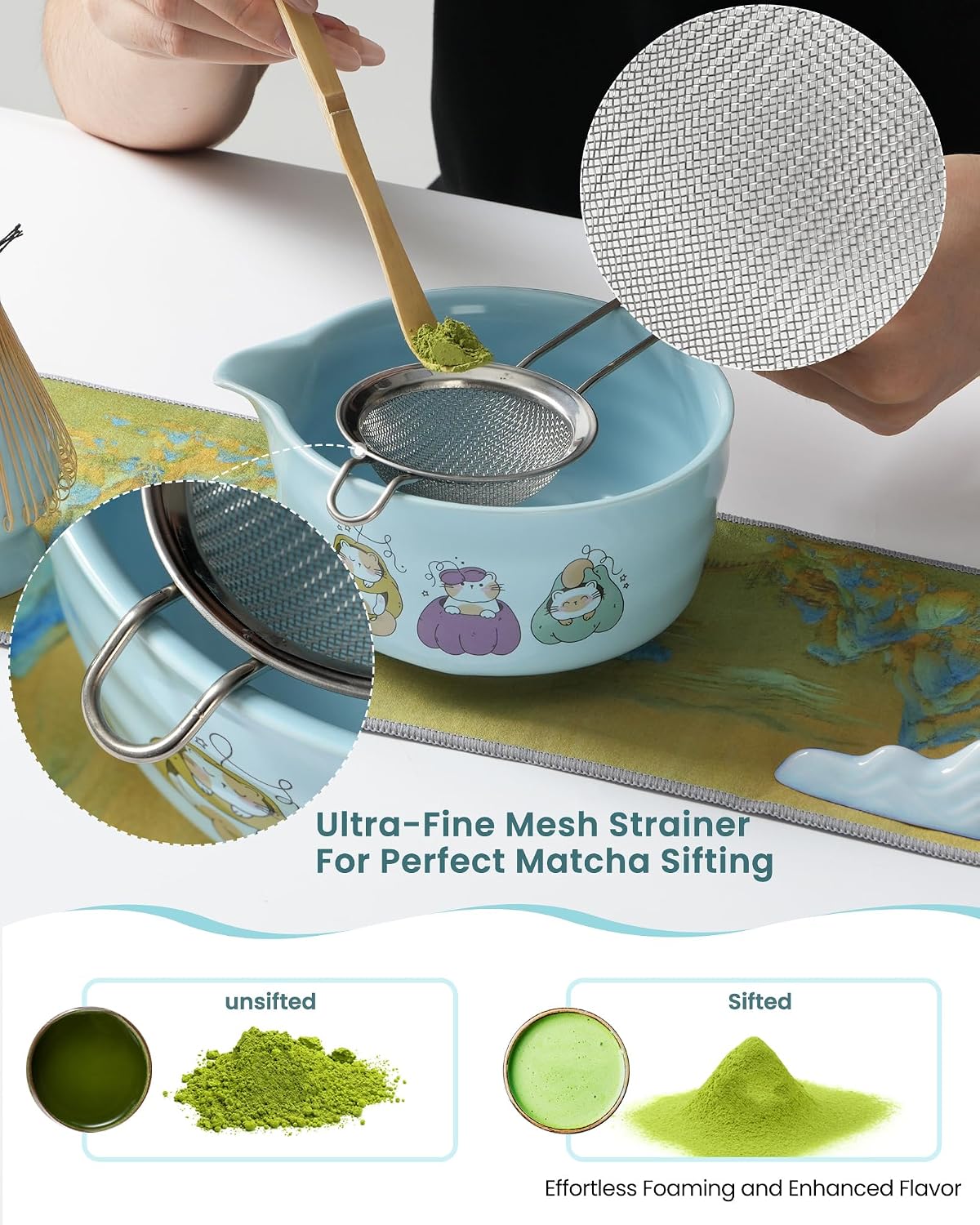 Matcha Whisk Tea Set Kit Japanese Matcha Kit - Matcha Bowl, Matcha Whisk and Holder, Bamboo Scoop, Scoop Rest, Sifter and Tea Towel - for Tea Ceremony Breakfast Lattes - Home Kitchen Christmas(Pink)