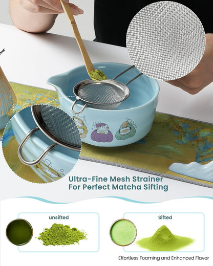 Matcha Whisk Tea Set Kit Japanese Matcha Kit - Matcha Bowl, Matcha Whisk and Holder, Bamboo Scoop, Scoop Rest, Sifter and Tea Towel - for Tea Ceremony Breakfast Lattes - Home Kitchen Christmas(Pink)