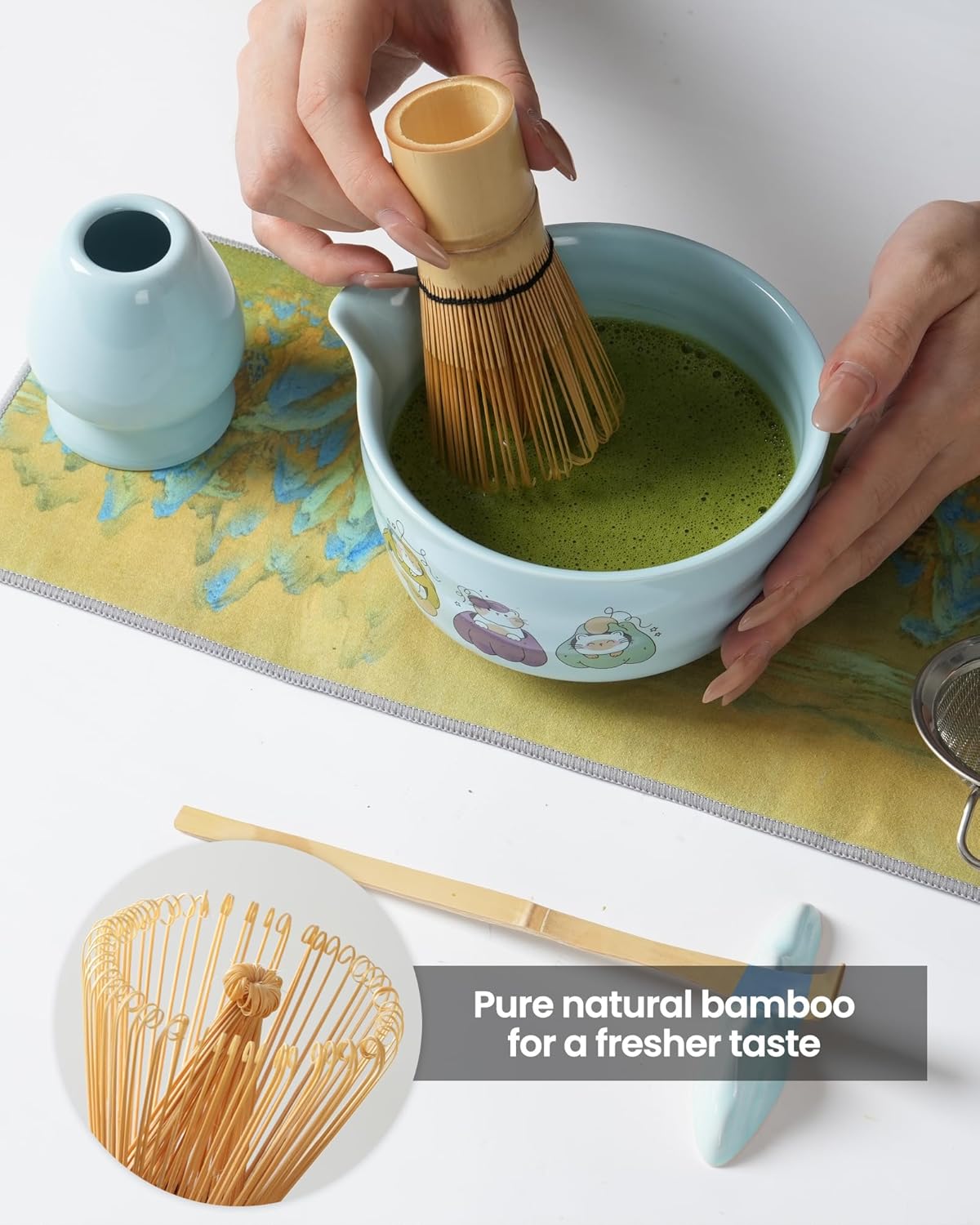 Matcha Whisk Tea Set Kit Japanese Matcha Kit - Matcha Bowl, Matcha Whisk and Holder, Bamboo Scoop, Scoop Rest, Sifter and Tea Towel - for Tea Ceremony Breakfast Lattes - Home Kitchen Christmas(Pink)