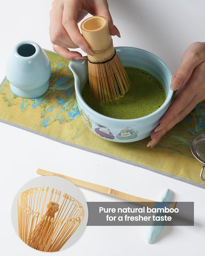 Matcha Whisk Tea Set Kit Japanese Matcha Kit - Matcha Bowl, Matcha Whisk and Holder, Bamboo Scoop, Scoop Rest, Sifter and Tea Towel - for Tea Ceremony Breakfast Lattes - Home Kitchen Christmas(Pink)