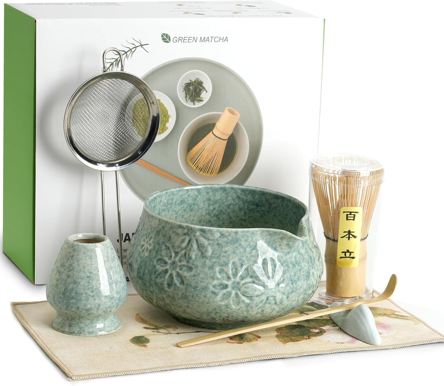 Matcha Whisk Tea Set Kit Japanese Matcha Kit - Matcha Bowl, Matcha Whisk and Holder, Bamboo Scoop, Scoop Rest, Sifter and Tea Towel - for Tea Ceremony Breakfast Lattes - Home Kitchen Christmas(Pink)