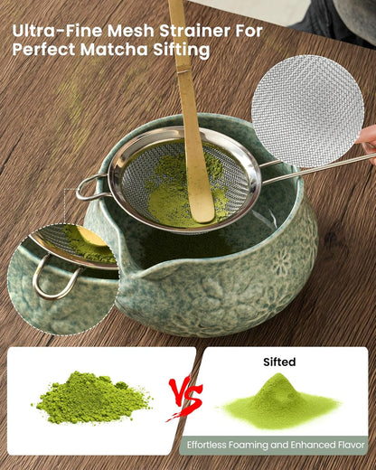 Matcha Whisk Tea Set Kit Japanese Matcha Kit - Matcha Bowl, Matcha Whisk and Holder, Bamboo Scoop, Scoop Rest, Sifter and Tea Towel - for Tea Ceremony Breakfast Lattes - Home Kitchen Christmas(Pink)