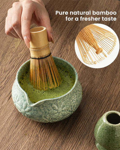 Matcha Whisk Tea Set Kit Japanese Matcha Kit - Matcha Bowl, Matcha Whisk and Holder, Bamboo Scoop, Scoop Rest, Sifter and Tea Towel - for Tea Ceremony Breakfast Lattes - Home Kitchen Christmas(Pink)