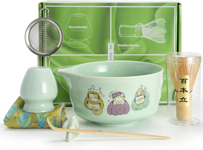 Matcha Whisk Tea Set Kit Japanese Matcha Kit - Matcha Bowl, Matcha Whisk and Holder, Bamboo Scoop, Scoop Rest, Sifter and Tea Towel - for Tea Ceremony Breakfast Lattes - Home Kitchen Christmas(Pink)