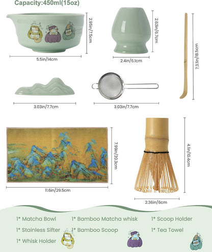 Matcha Whisk Tea Set Kit Japanese Matcha Kit - Matcha Bowl, Matcha Whisk and Holder, Bamboo Scoop, Scoop Rest, Sifter and Tea Towel - for Tea Ceremony Breakfast Lattes - Home Kitchen Christmas(Pink)