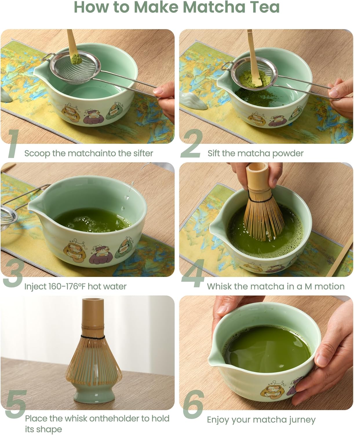 Matcha Whisk Tea Set Kit Japanese Matcha Kit - Matcha Bowl, Matcha Whisk and Holder, Bamboo Scoop, Scoop Rest, Sifter and Tea Towel - for Tea Ceremony Breakfast Lattes - Home Kitchen Christmas(Pink)