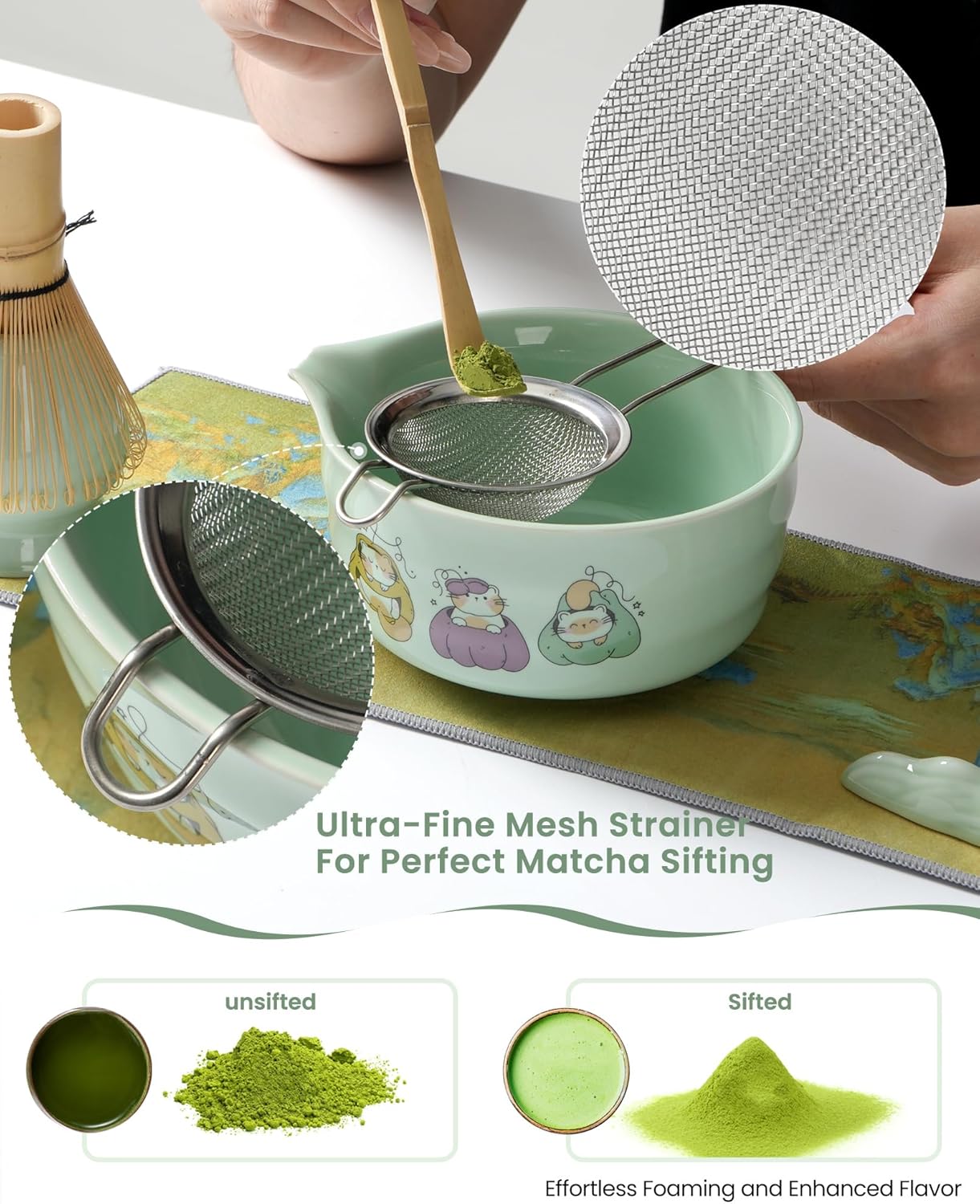Matcha Whisk Tea Set Kit Japanese Matcha Kit - Matcha Bowl, Matcha Whisk and Holder, Bamboo Scoop, Scoop Rest, Sifter and Tea Towel - for Tea Ceremony Breakfast Lattes - Home Kitchen Christmas(Pink)