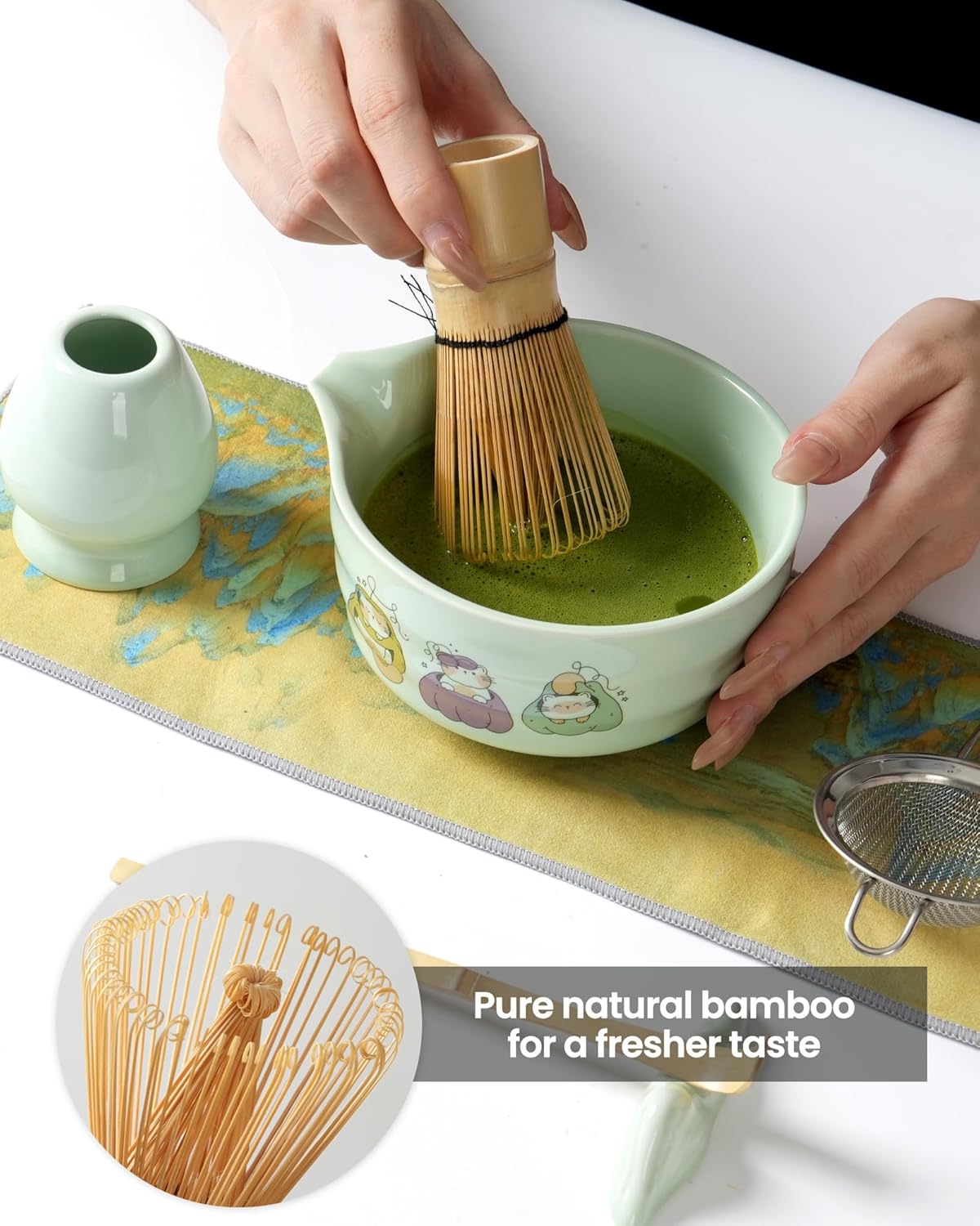 Matcha Whisk Tea Set Kit Japanese Matcha Kit - Matcha Bowl, Matcha Whisk and Holder, Bamboo Scoop, Scoop Rest, Sifter and Tea Towel - for Tea Ceremony Breakfast Lattes - Home Kitchen Christmas(Pink)