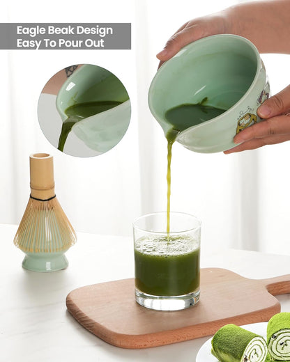 Matcha Whisk Tea Set Kit Japanese Matcha Kit - Matcha Bowl, Matcha Whisk and Holder, Bamboo Scoop, Scoop Rest, Sifter and Tea Towel - for Tea Ceremony Breakfast Lattes - Home Kitchen Christmas(Pink)