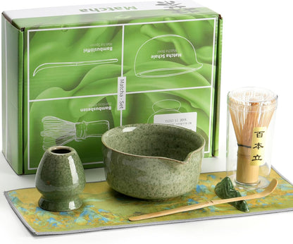 Matcha Whisk Tea Set Kit Japanese Matcha Kit - Matcha Bowl, Matcha Whisk and Holder, Bamboo Scoop, Scoop Rest, Sifter and Tea Towel - for Tea Ceremony Breakfast Lattes - Home Kitchen Christmas(Pink)