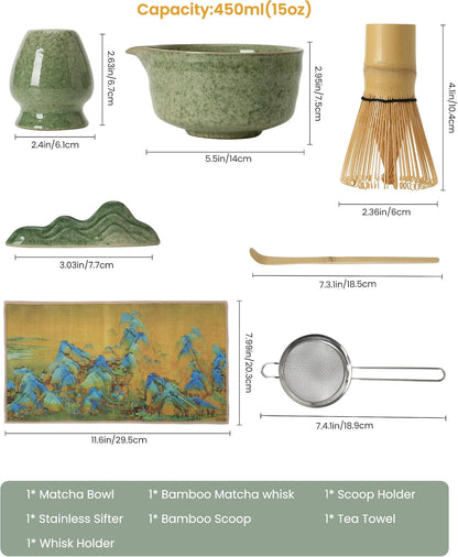 Matcha Whisk Tea Set Kit Japanese Matcha Kit - Matcha Bowl, Matcha Whisk and Holder, Bamboo Scoop, Scoop Rest, Sifter and Tea Towel - for Tea Ceremony Breakfast Lattes - Home Kitchen Christmas(Pink)