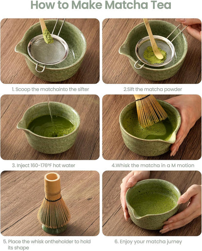 Matcha Whisk Tea Set Kit Japanese Matcha Kit - Matcha Bowl, Matcha Whisk and Holder, Bamboo Scoop, Scoop Rest, Sifter and Tea Towel - for Tea Ceremony Breakfast Lattes - Home Kitchen Christmas(Pink)