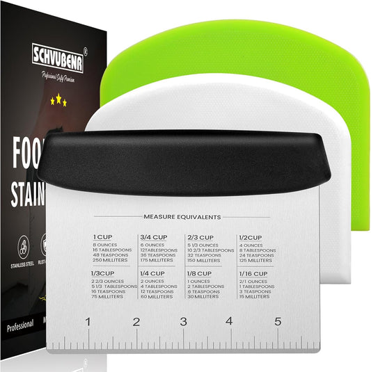 Dough Scraper Set with 2 Flexible Bowl Scrapers - Stainless Steel Dough Cutter & Bench Scraper with Measuring Scale - Versatile Kitchen Scraper for Bread, Pastry, Pizza, Cake - Black & Green