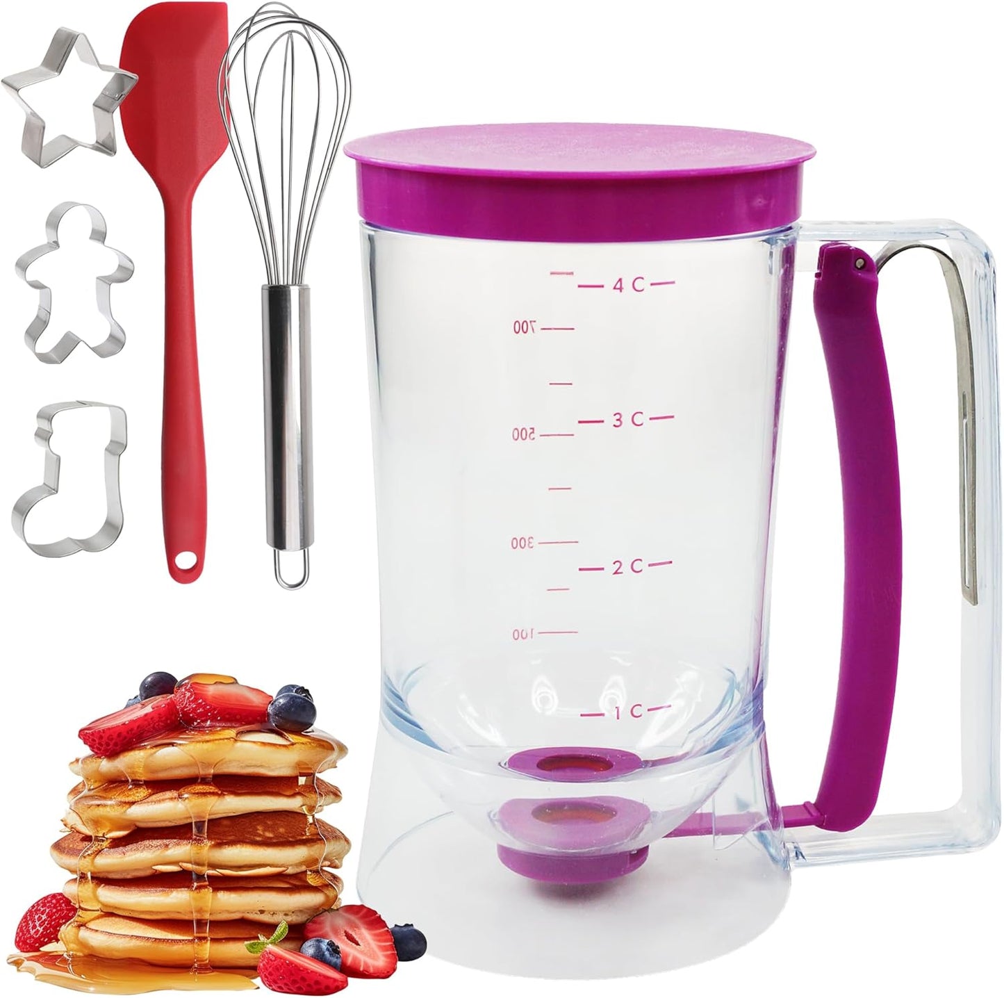Pancake Batter Dispenser Set – 900ml No-Drip Pancake Dispenser with Squeeze Handle, Fun Family Breakfast Baking Kit for Kids with Spatula, Whisk & 3 Cookie Cutters for Pancakes, Waffles & Cupcakes