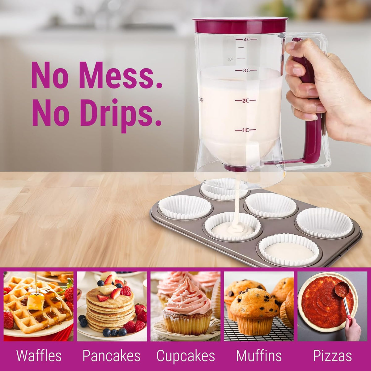 Pancake Batter Dispenser Set – 900ml No-Drip Pancake Dispenser with Squeeze Handle, Fun Family Breakfast Baking Kit for Kids with Spatula, Whisk & 3 Cookie Cutters for Pancakes, Waffles & Cupcakes
