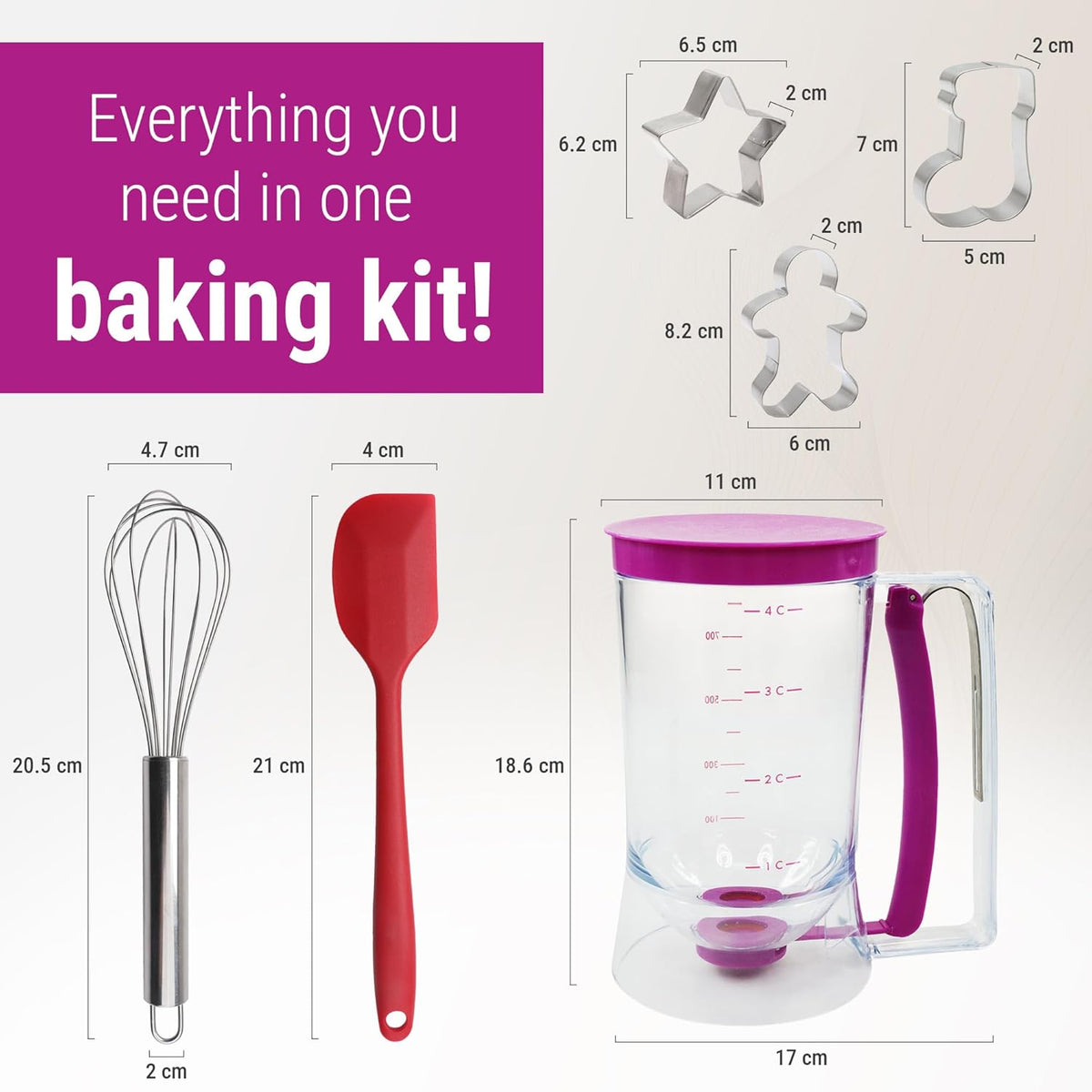 Pancake Batter Dispenser Set – 900ml No-Drip Pancake Dispenser with Squeeze Handle, Fun Family Breakfast Baking Kit for Kids with Spatula, Whisk & 3 Cookie Cutters for Pancakes, Waffles & Cupcakes