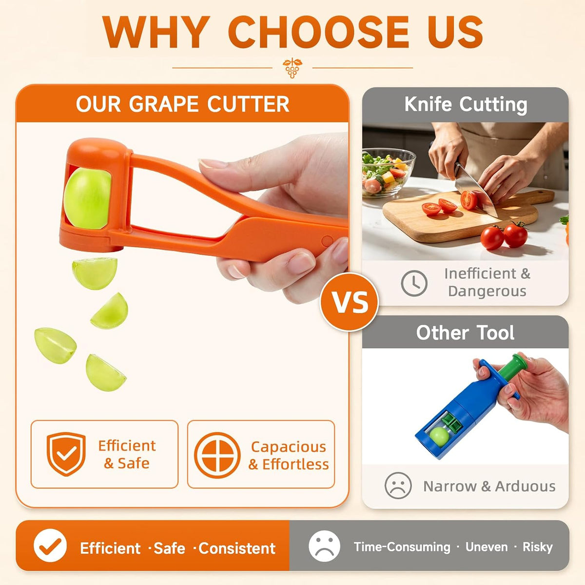 Grape Cutter for Toddlers, Grape Slicer Tool, Grape Tomato Cherry Strawberry Cutter Tools Into 4 Pieces for Vegetable Fruit Salad, Stainless Steel Quarter Grape Slicer Kitchen Gadget