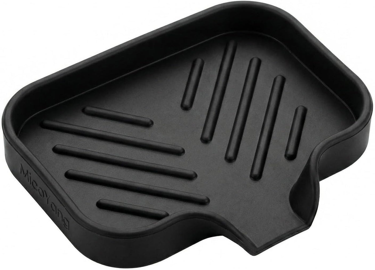 Silicone Soap Dish with Drain Spout, Self-Draining Sink Organizer Tray for Bathroom and Kitchen, Sponges, Dispensers and Soap Holder, Non-Slip and Dishwasher Safe, Black (Compact, 4.9"×3.2")