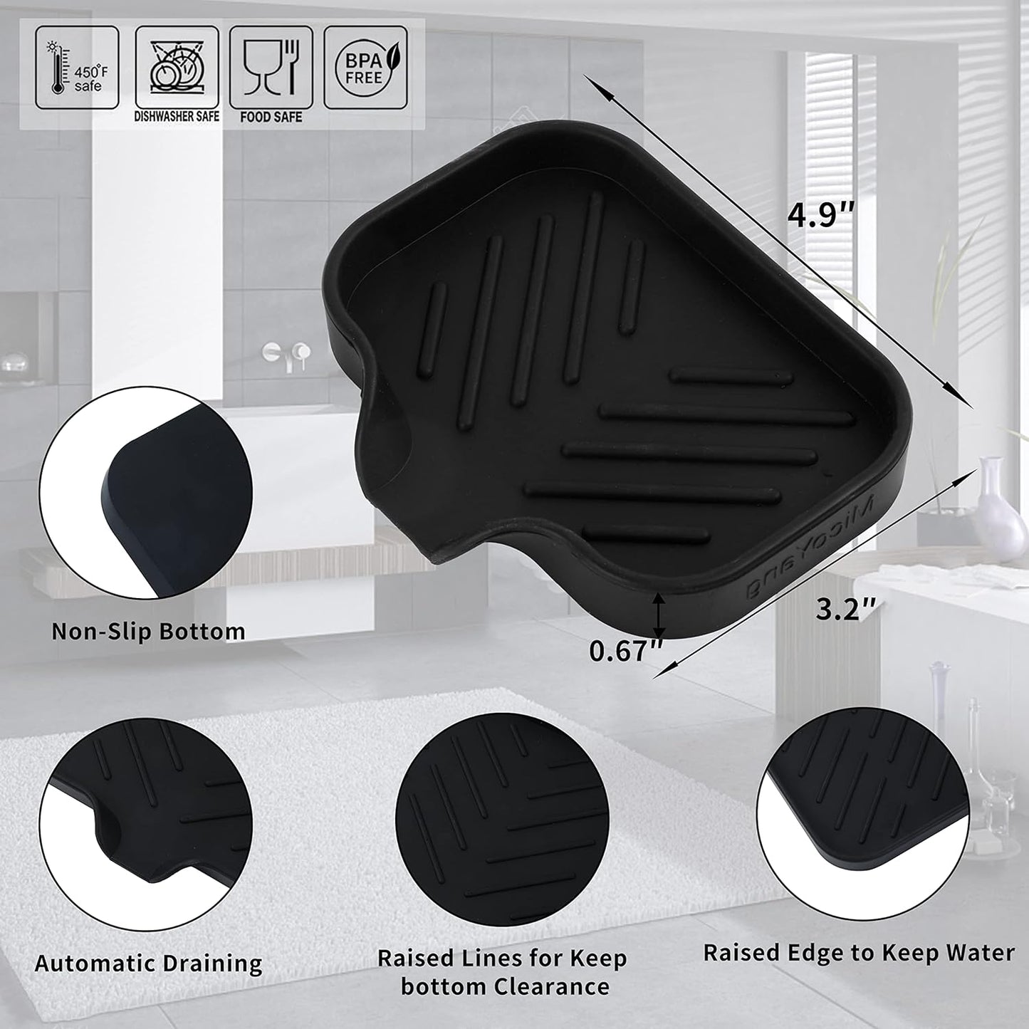 Silicone Soap Dish with Drain Spout, Self-Draining Sink Organizer Tray for Bathroom and Kitchen, Sponges, Dispensers and Soap Holder, Non-Slip and Dishwasher Safe, Black (Compact, 4.9"×3.2")