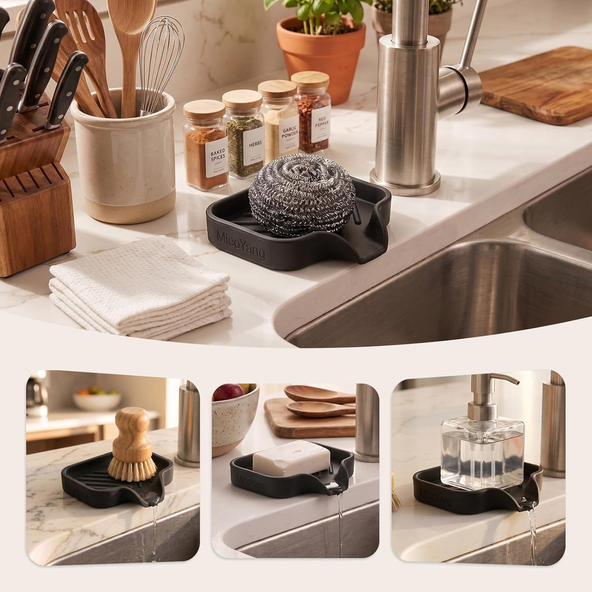 Silicone Soap Dish with Drain Spout, Self-Draining Sink Organizer Tray for Bathroom and Kitchen, Sponges, Dispensers and Soap Holder, Non-Slip and Dishwasher Safe, Black (Compact, 4.9"×3.2")