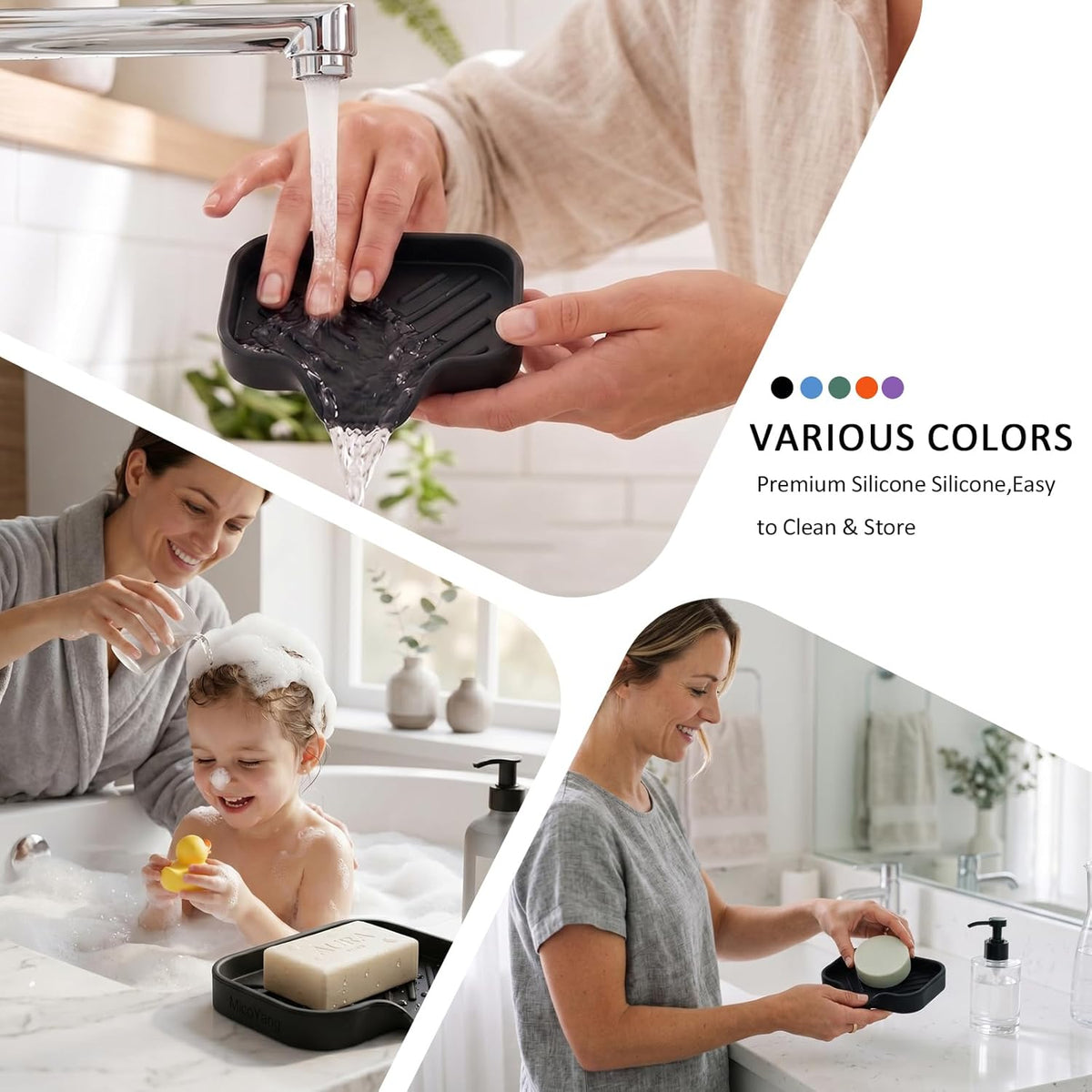 Silicone Soap Dish with Drain Spout, Self-Draining Sink Organizer Tray for Bathroom and Kitchen, Sponges, Dispensers and Soap Holder, Non-Slip and Dishwasher Safe, Black (Compact, 4.9"×3.2")