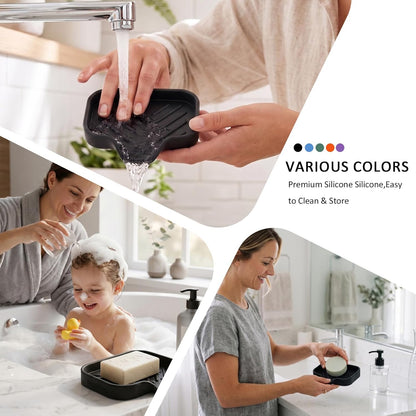 Silicone Soap Dish with Drain Spout, Self-Draining Sink Organizer Tray for Bathroom and Kitchen, Sponges, Dispensers and Soap Holder, Non-Slip and Dishwasher Safe, Black (Compact, 4.9"×3.2")