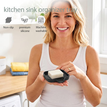 Silicone Soap Dish with Drain Spout, Self-Draining Sink Organizer Tray for Bathroom and Kitchen, Sponges, Dispensers and Soap Holder, Non-Slip and Dishwasher Safe, Black (Compact, 4.9"×3.2")