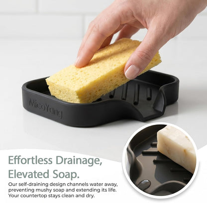Silicone Soap Dish with Drain Spout, Self-Draining Sink Organizer Tray for Bathroom and Kitchen, Sponges, Dispensers and Soap Holder, Non-Slip and Dishwasher Safe, Black (Compact, 4.9"×3.2")