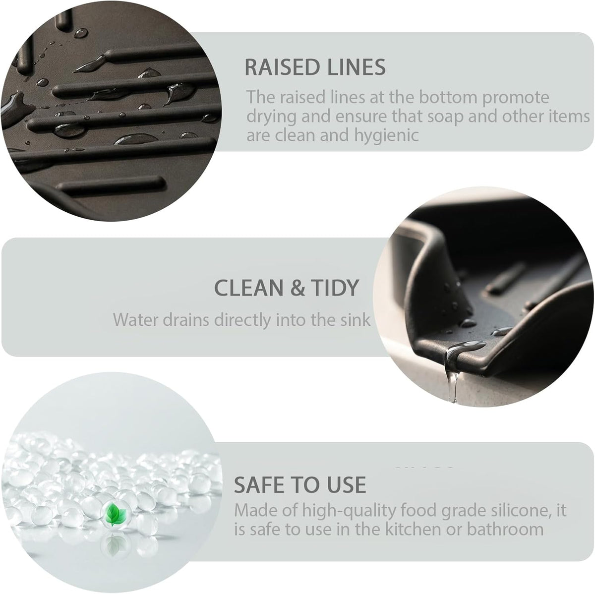Silicone Soap Dish with Drain Spout, Self-Draining Sink Organizer Tray for Bathroom and Kitchen, Sponges, Dispensers and Soap Holder, Non-Slip and Dishwasher Safe, Black (Compact, 4.9"×3.2")