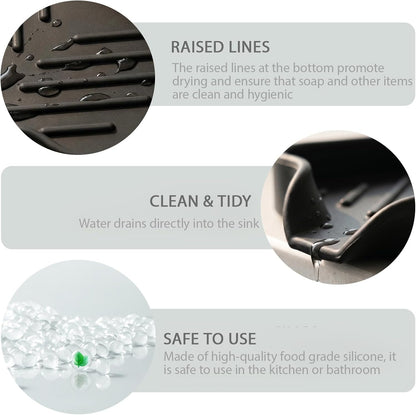 Silicone Soap Dish with Drain Spout, Self-Draining Sink Organizer Tray for Bathroom and Kitchen, Sponges, Dispensers and Soap Holder, Non-Slip and Dishwasher Safe, Black (Compact, 4.9"×3.2")