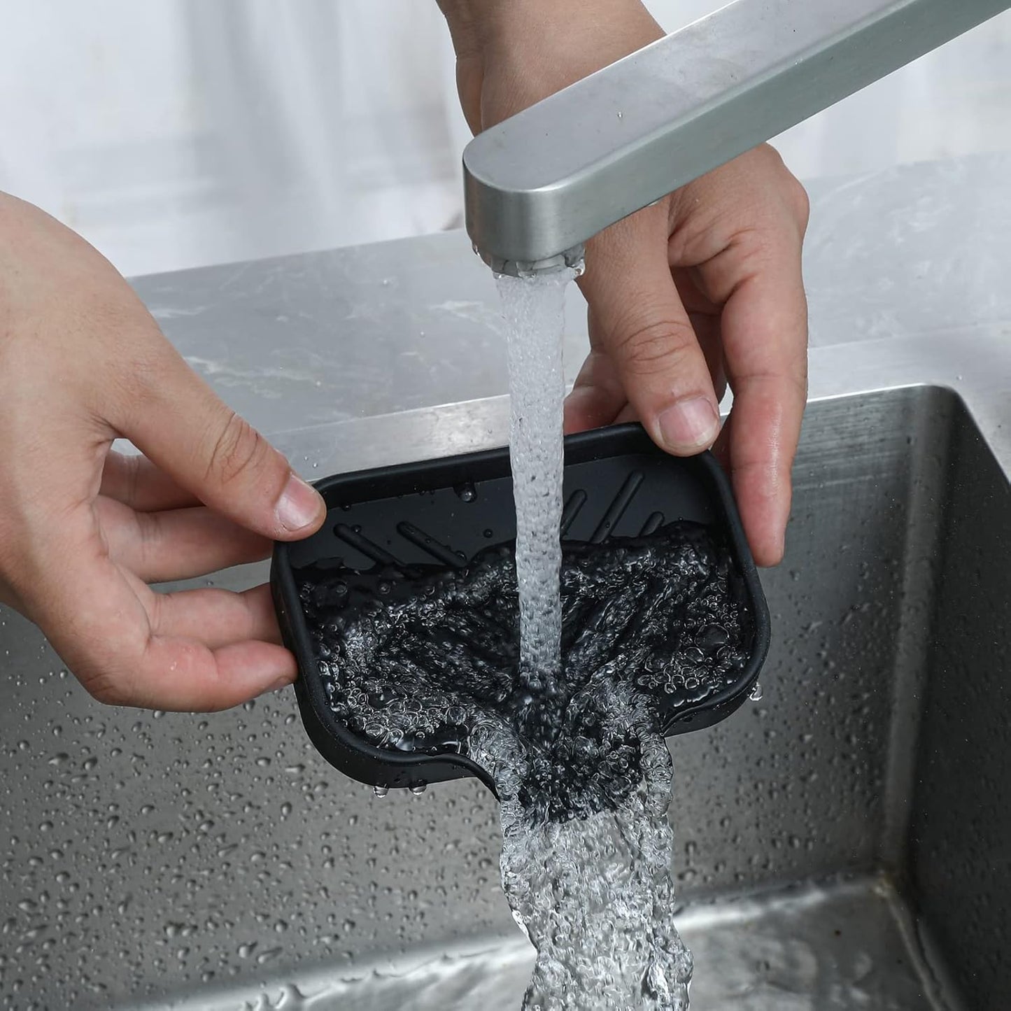 Silicone Soap Dish with Drain Spout, Self-Draining Sink Organizer Tray for Bathroom and Kitchen, Sponges, Dispensers and Soap Holder, Non-Slip and Dishwasher Safe, Black (Compact, 4.9"×3.2")