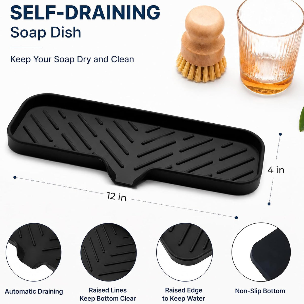 Silicone Soap Dish with Drain Spout, Self-Draining Sink Organizer Tray for Bathroom and Kitchen, Sponges, Dispensers and Soap Holder, Non-Slip and Dishwasher Safe, Black (Compact, 4.9"×3.2")