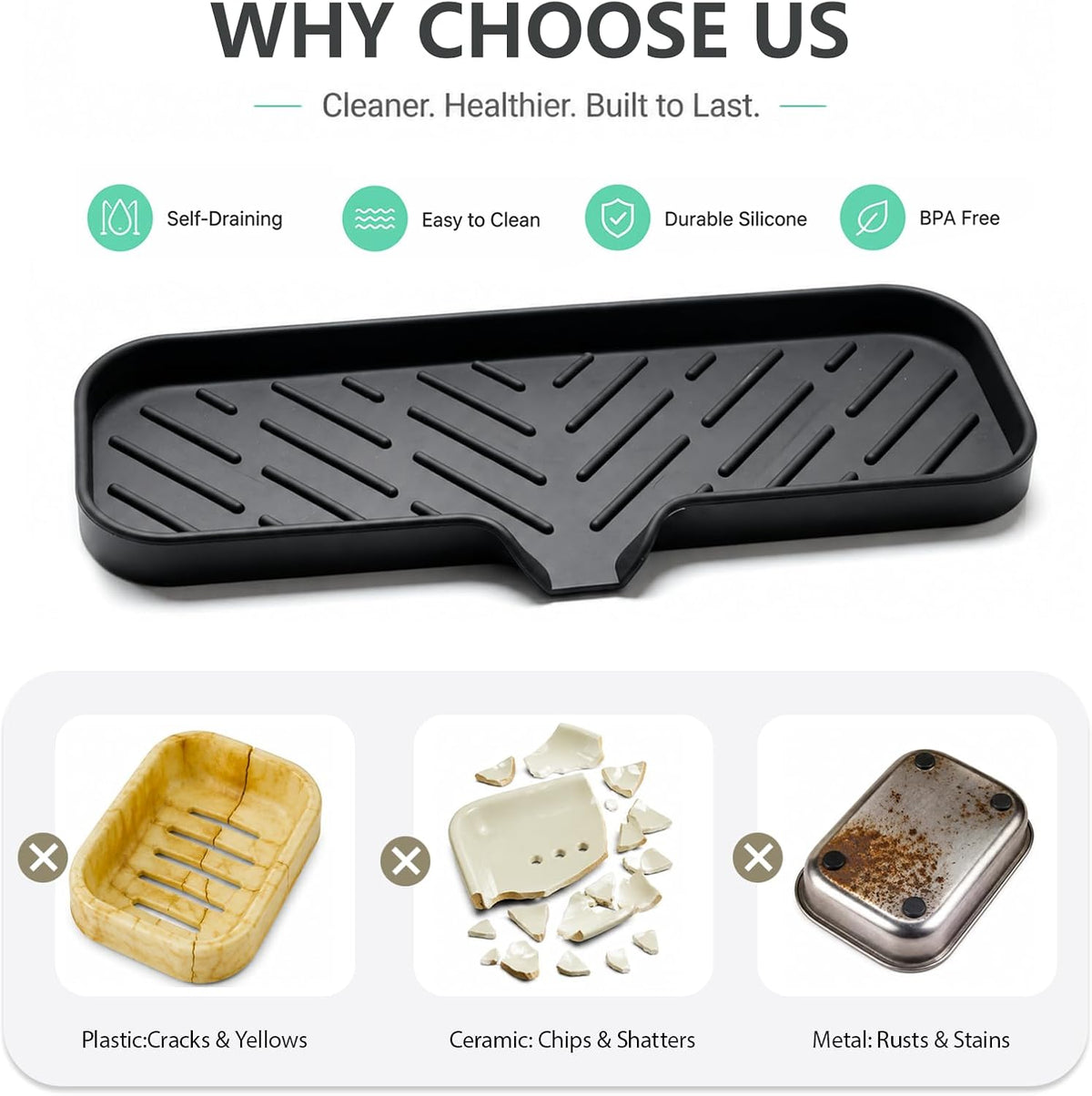 Silicone Soap Dish with Drain Spout, Self-Draining Sink Organizer Tray for Bathroom and Kitchen, Sponges, Dispensers and Soap Holder, Non-Slip and Dishwasher Safe, Black (Compact, 4.9"×3.2")