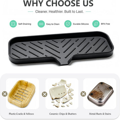 Silicone Soap Dish with Drain Spout, Self-Draining Sink Organizer Tray for Bathroom and Kitchen, Sponges, Dispensers and Soap Holder, Non-Slip and Dishwasher Safe, Black (Compact, 4.9"×3.2")