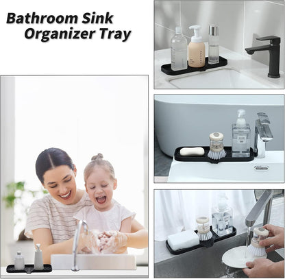 Silicone Soap Dish with Drain Spout, Self-Draining Sink Organizer Tray for Bathroom and Kitchen, Sponges, Dispensers and Soap Holder, Non-Slip and Dishwasher Safe, Black (Compact, 4.9"×3.2")