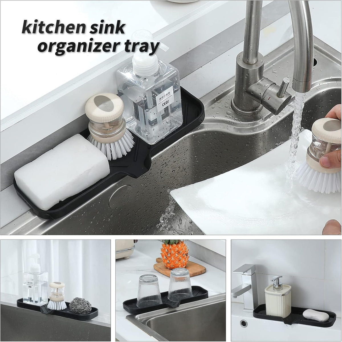 Silicone Soap Dish with Drain Spout, Self-Draining Sink Organizer Tray for Bathroom and Kitchen, Sponges, Dispensers and Soap Holder, Non-Slip and Dishwasher Safe, Black (Compact, 4.9"×3.2")