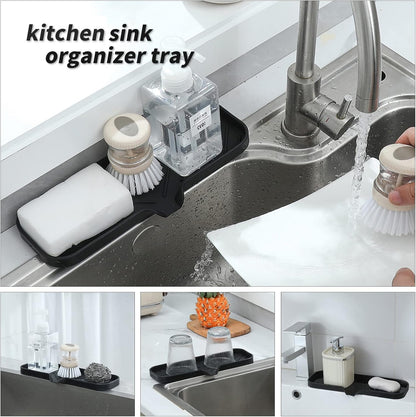 Silicone Soap Dish with Drain Spout, Self-Draining Sink Organizer Tray for Bathroom and Kitchen, Sponges, Dispensers and Soap Holder, Non-Slip and Dishwasher Safe, Black (Compact, 4.9"×3.2")