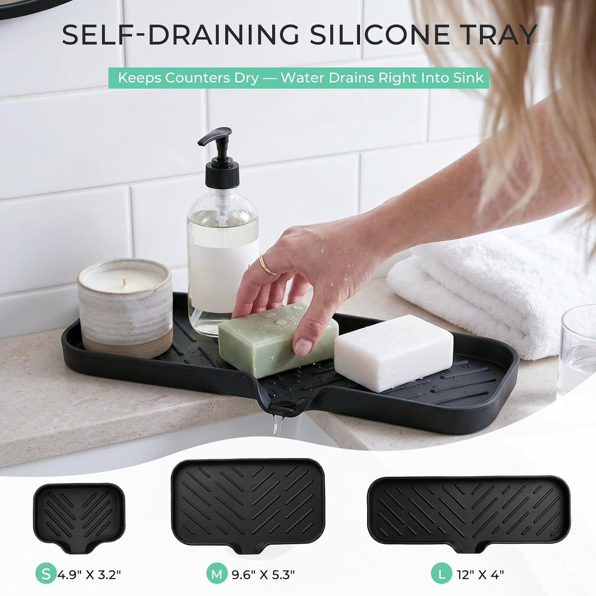 Silicone Soap Dish with Drain Spout, Self-Draining Sink Organizer Tray for Bathroom and Kitchen, Sponges, Dispensers and Soap Holder, Non-Slip and Dishwasher Safe, Black (Compact, 4.9"×3.2")