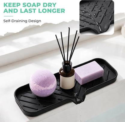 Silicone Soap Dish with Drain Spout, Self-Draining Sink Organizer Tray for Bathroom and Kitchen, Sponges, Dispensers and Soap Holder, Non-Slip and Dishwasher Safe, Black (Compact, 4.9"×3.2")