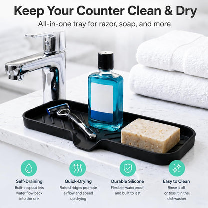 Silicone Soap Dish with Drain Spout, Self-Draining Sink Organizer Tray for Bathroom and Kitchen, Sponges, Dispensers and Soap Holder, Non-Slip and Dishwasher Safe, Black (Compact, 4.9"×3.2")