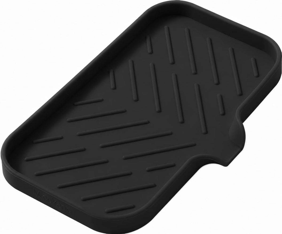 Silicone Soap Dish with Drain Spout, Self-Draining Sink Organizer Tray for Bathroom and Kitchen, Sponges, Dispensers and Soap Holder, Non-Slip and Dishwasher Safe, Black (Compact, 4.9"×3.2")