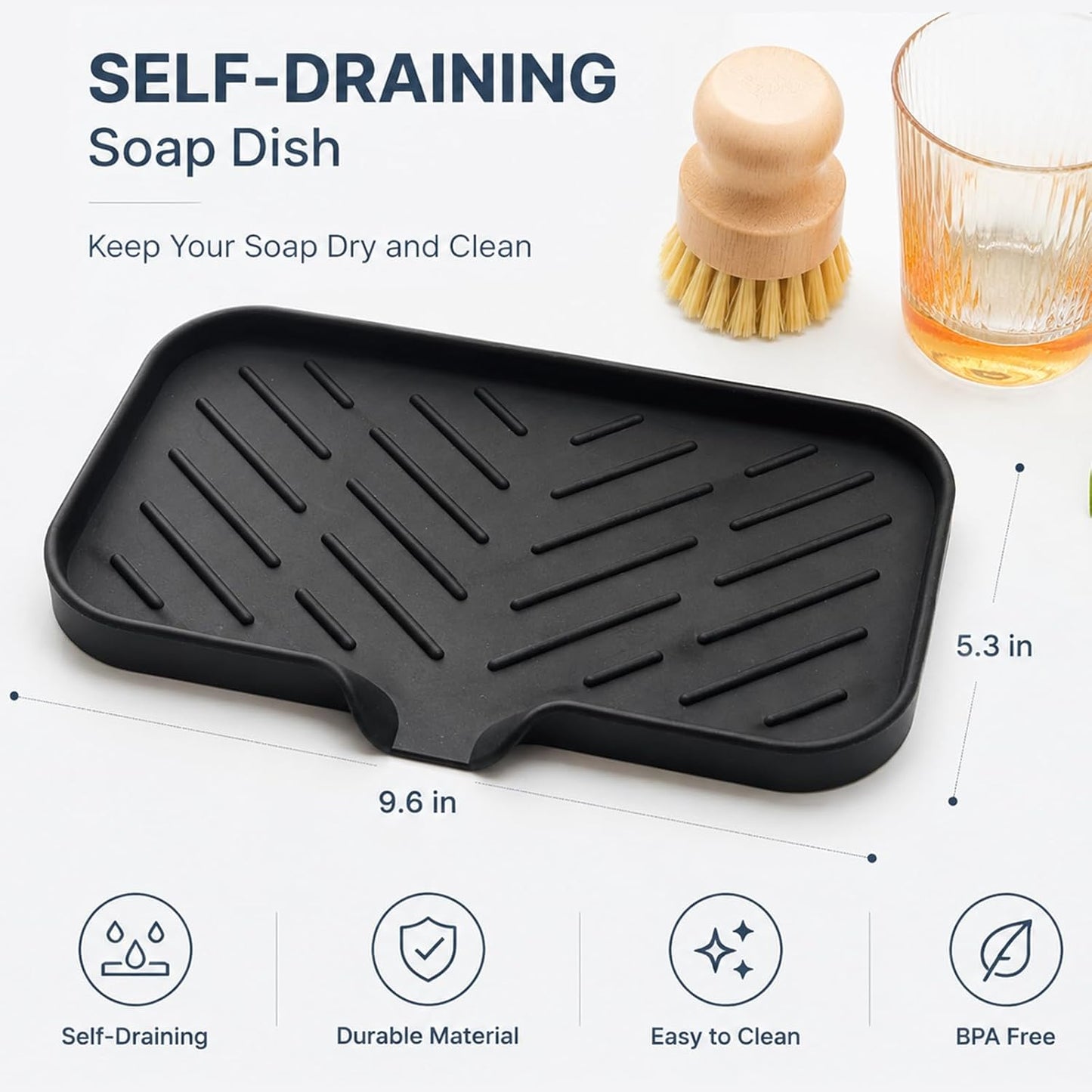 Silicone Soap Dish with Drain Spout, Self-Draining Sink Organizer Tray for Bathroom and Kitchen, Sponges, Dispensers and Soap Holder, Non-Slip and Dishwasher Safe, Black (Compact, 4.9"×3.2")