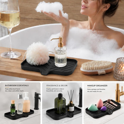 Silicone Soap Dish with Drain Spout, Self-Draining Sink Organizer Tray for Bathroom and Kitchen, Sponges, Dispensers and Soap Holder, Non-Slip and Dishwasher Safe, Black (Compact, 4.9"×3.2")