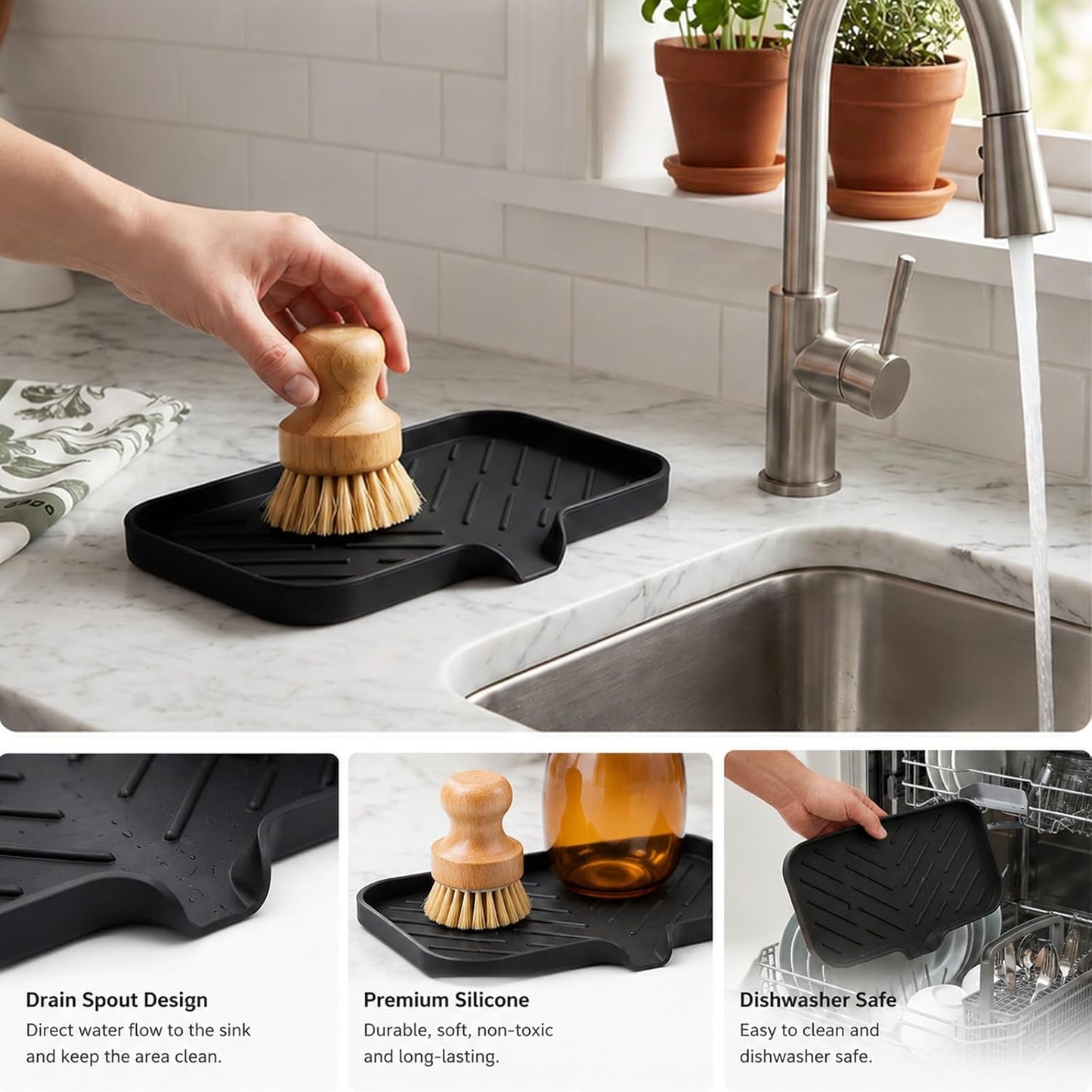 Silicone Soap Dish with Drain Spout, Self-Draining Sink Organizer Tray for Bathroom and Kitchen, Sponges, Dispensers and Soap Holder, Non-Slip and Dishwasher Safe, Black (Compact, 4.9"×3.2")