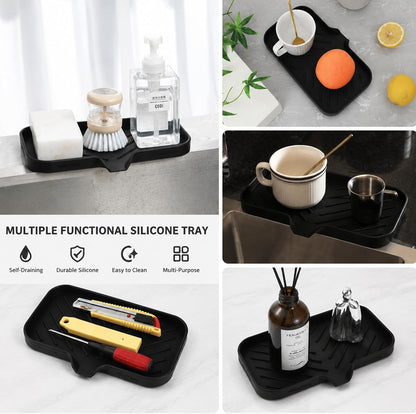 Silicone Soap Dish with Drain Spout, Self-Draining Sink Organizer Tray for Bathroom and Kitchen, Sponges, Dispensers and Soap Holder, Non-Slip and Dishwasher Safe, Black (Compact, 4.9"×3.2")