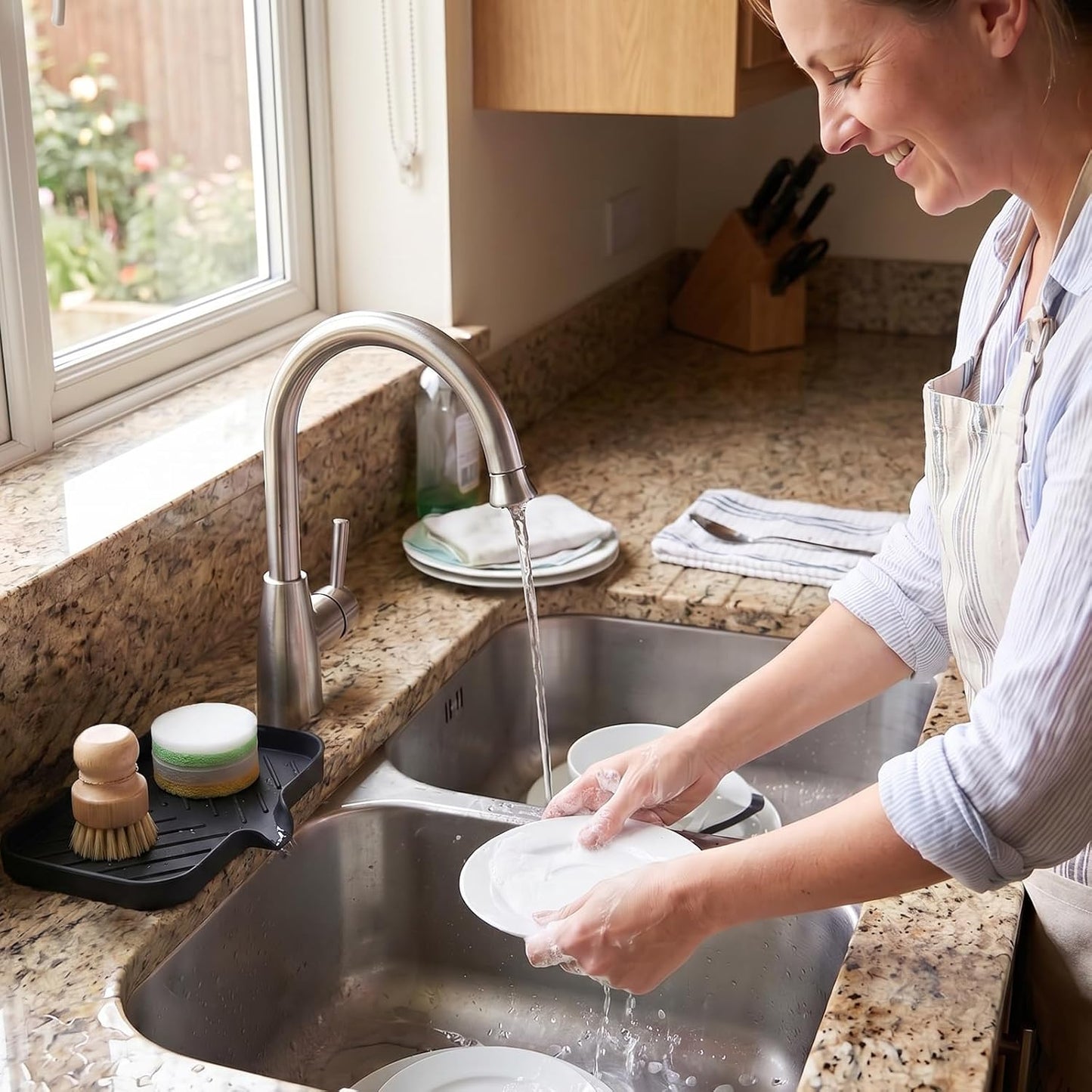 Silicone Soap Dish with Drain Spout, Self-Draining Sink Organizer Tray for Bathroom and Kitchen, Sponges, Dispensers and Soap Holder, Non-Slip and Dishwasher Safe, Black (Compact, 4.9"×3.2")