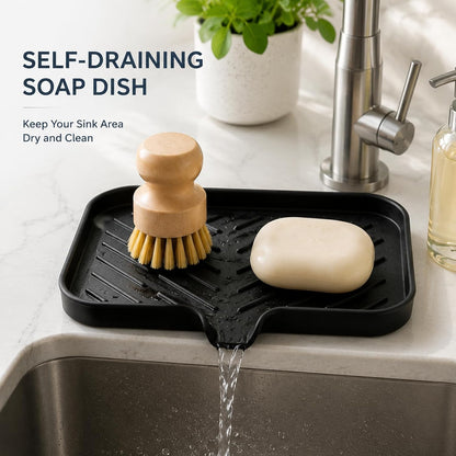 Silicone Soap Dish with Drain Spout, Self-Draining Sink Organizer Tray for Bathroom and Kitchen, Sponges, Dispensers and Soap Holder, Non-Slip and Dishwasher Safe, Black (Compact, 4.9"×3.2")