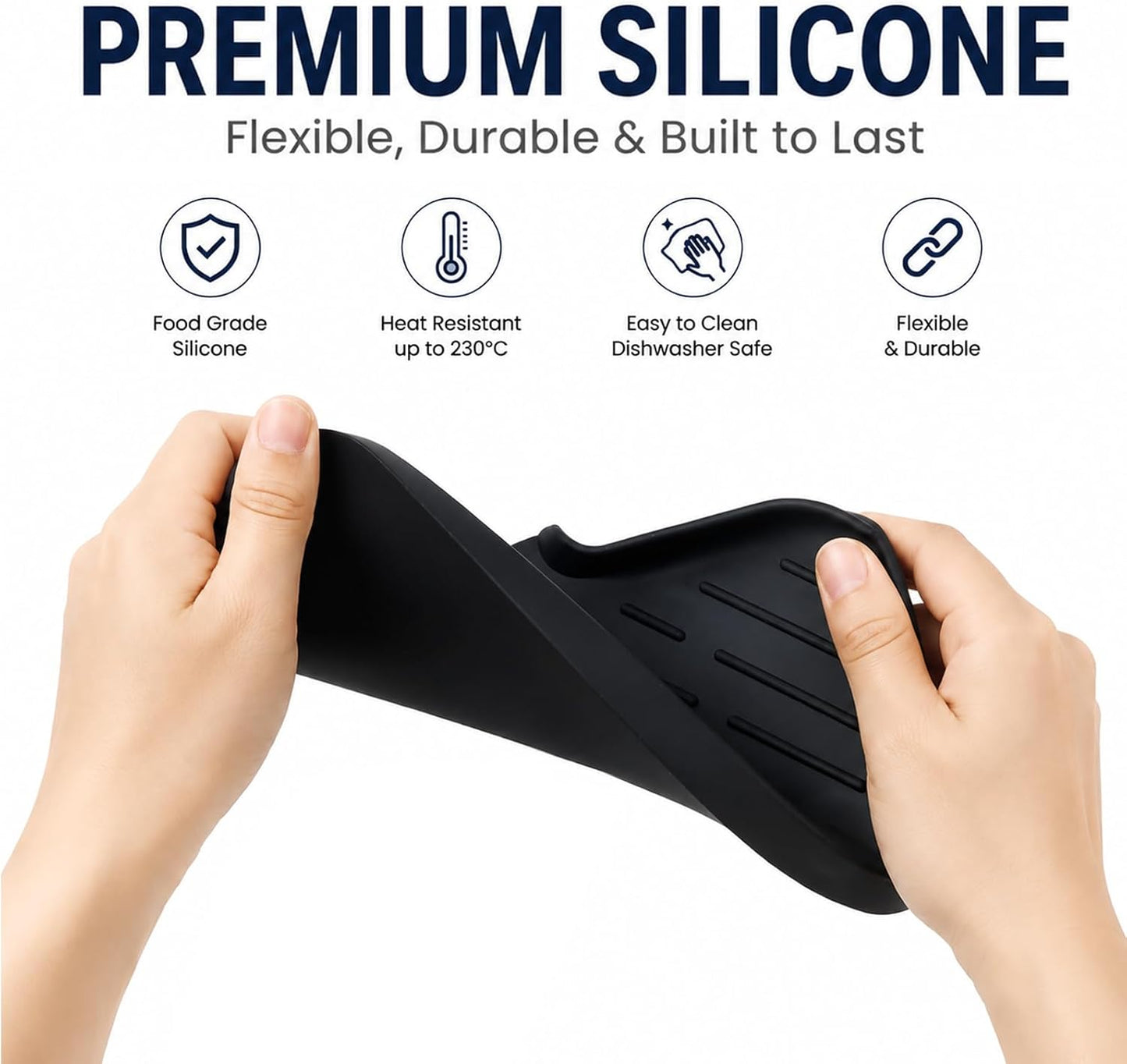 Silicone Soap Dish with Drain Spout, Self-Draining Sink Organizer Tray for Bathroom and Kitchen, Sponges, Dispensers and Soap Holder, Non-Slip and Dishwasher Safe, Black (Compact, 4.9"×3.2")